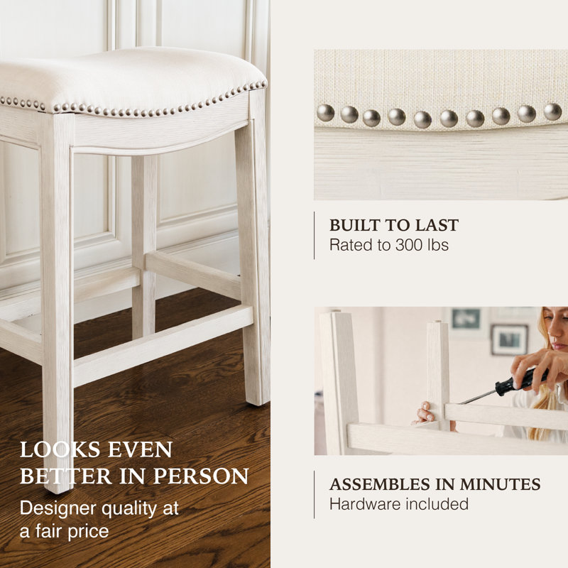 Maven Lane Adrien Backless Saddle Kitchen Stool with Fabric Upholstery, White Fabric / White Oak