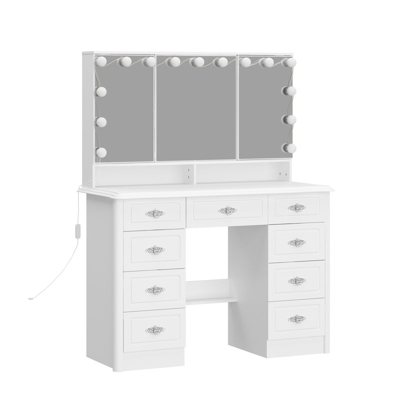 Meuble-lavabo blanc l 43,3 po avec miroir lumineux, 9 tiroirs, port USB et miroirs latéraux réglables