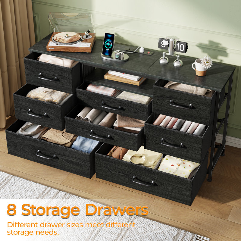 8-Drawer Fabric Dresser with Wood Top, Storage Chest, Black Oak