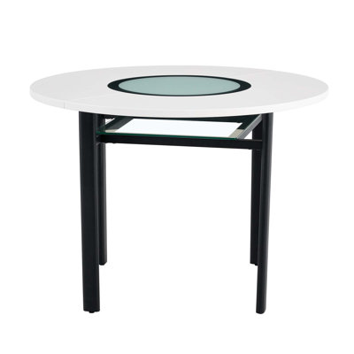 42 Inch Modern Minimalist Round Dining Table With Glass Inlay And Metal Bracket, Suitable For 4-6 People In Multiple Scenarios