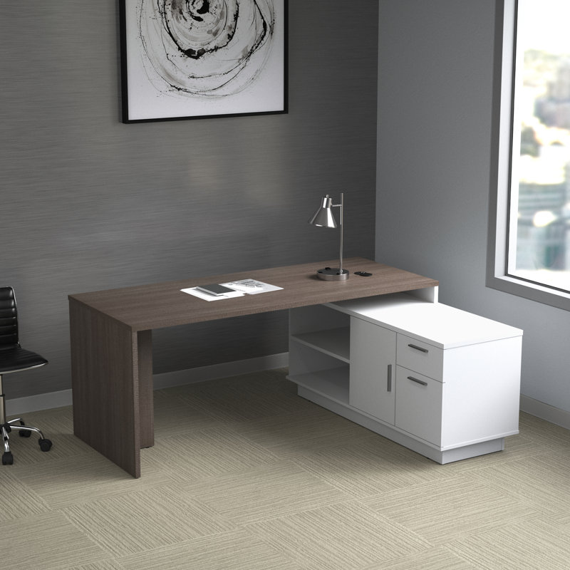 L-Shaped Executive Desk with Power Outlet, Dark Gray/White