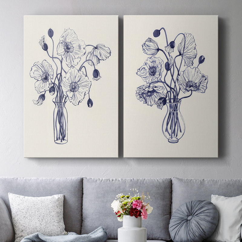 Coquelicots à l'aquarelle bleu marine - Toile tendue avec châssis de qualité supérieure - Prêt à être accroché