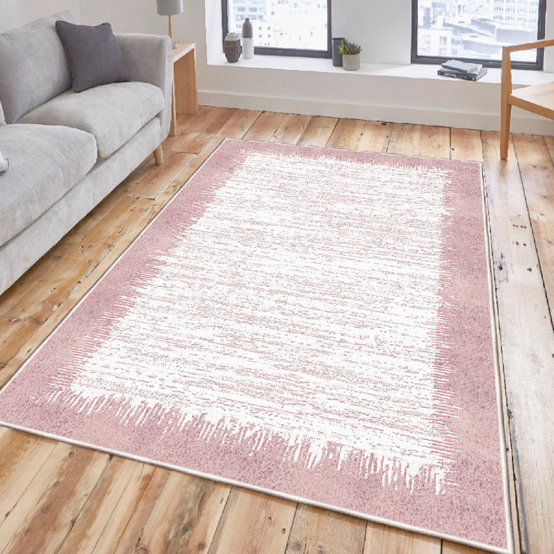 Warenne Premium Cotton Area Rug, 4.6 x 7.2 ft | 100% Cotton, 1200 g/m², Pile Height: 0.4 in | Antibacterial, Non-Slip PVC Underside, Machine Washable | Elegant Cream & Pink Design for Living Room & Bedroom Decor