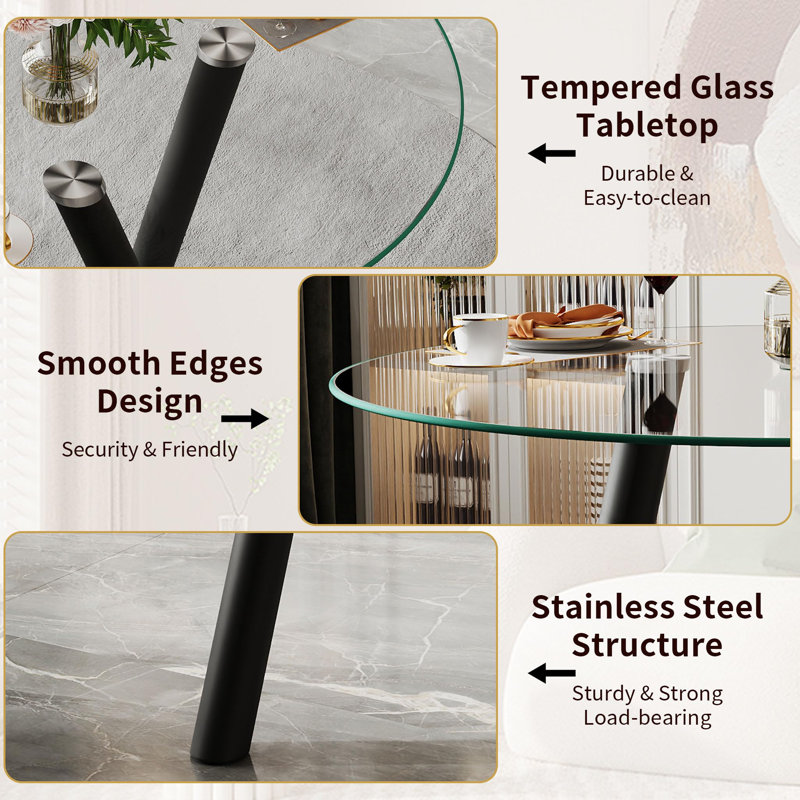 35" Round Glass Top Dining Table for 4 with Metal Base, for Kitchen and Small Spaces, Black, Transparent