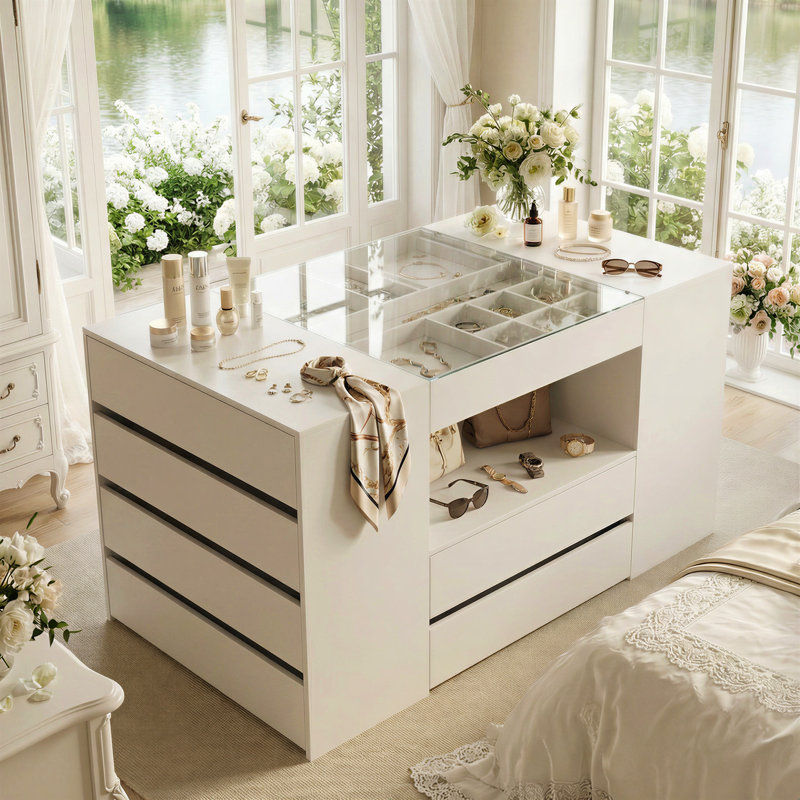 Commode 14 tiroirs à 1 tablette avec design gracieux et plateau en verre trempé