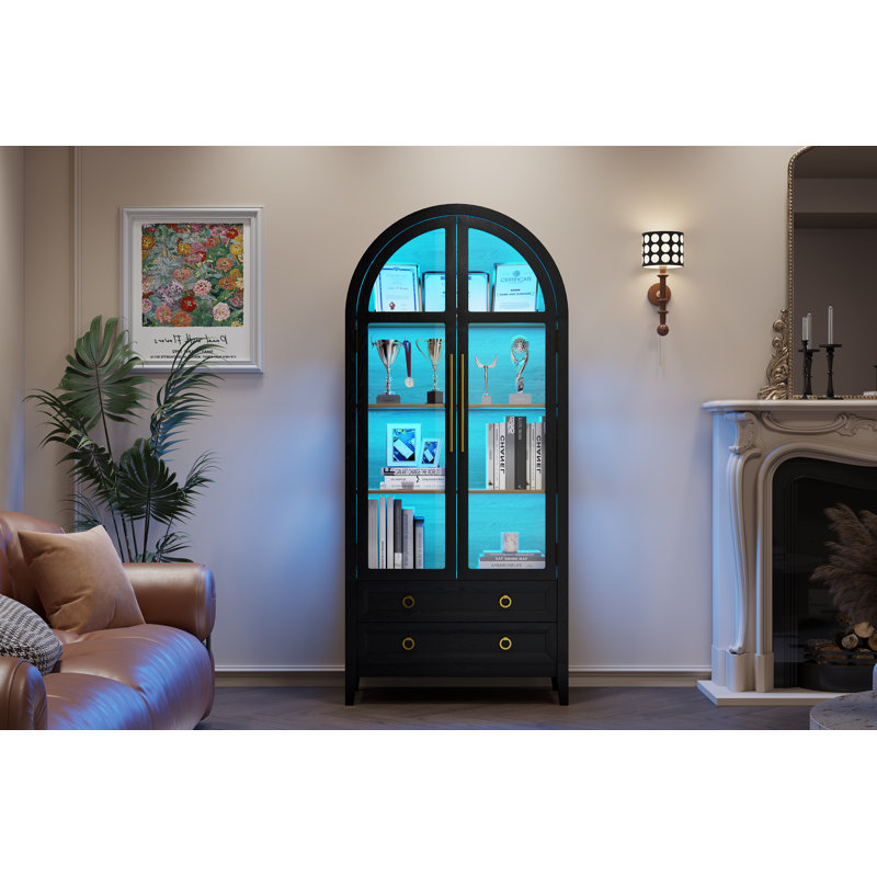 Freestanding Arch Display Cabinet with 3-Color Light Modes and Motion Sensor, Wood/Black
