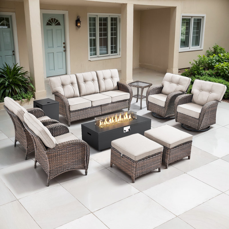 9-Piece Outdoor Garden Family Party Conversation Set With Fire Pit Table And Swivel Chairs, Beige