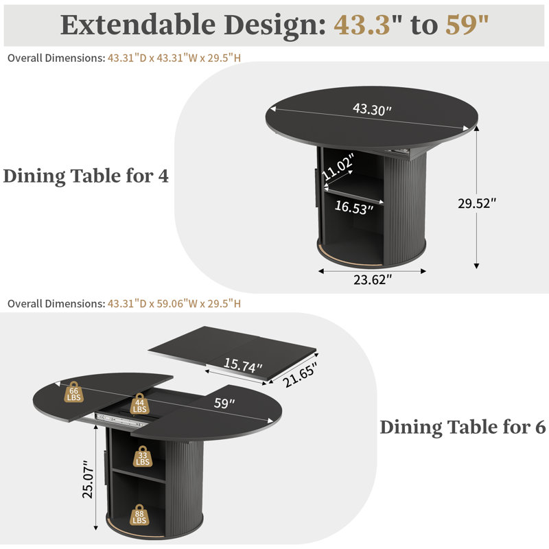 Extendable Dining Table With Storage, Black