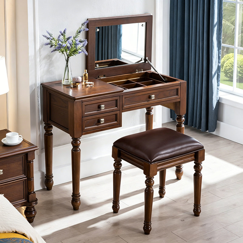 Small Space Vintage Solid Wood Flip-Top Vanity Table, 30.71" H x 39.37" W x 17.72" D