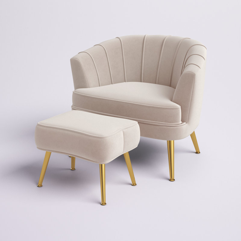 Latonia Upholstered Barrel Chair with Ottoman, Ivory Velvet
