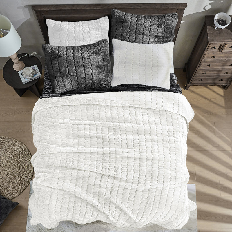 Ensemble de courtepointe géométrique en fausse fourrure, Courtepointe pour lit simple + 1 taie décorative , Crème