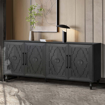 Carved Flower Door Large Storage Cabinet with Metal Handle, Perfect for Living Room, Kitchen, and Entryway