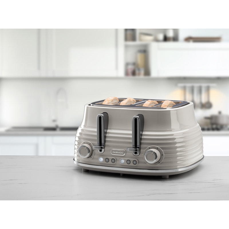 Daewoo Sienna Retro 4-Slice Toaster High Lift Handle 6 Settings Defrost Reheat, Taupe