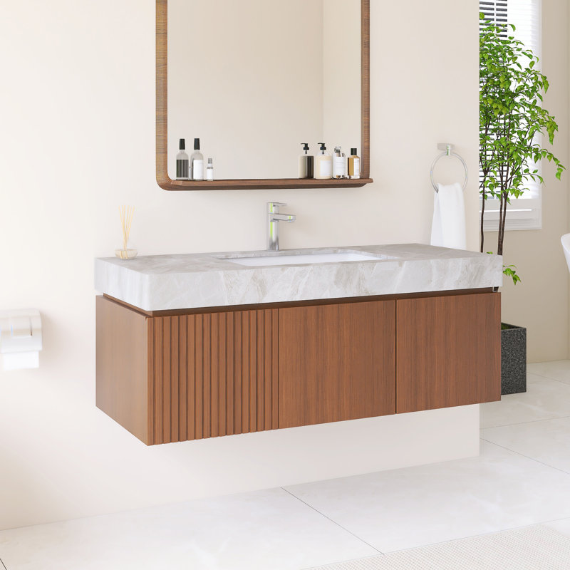Meuble-lavabo mural simple avec comptoir en pierre frittée gris clair