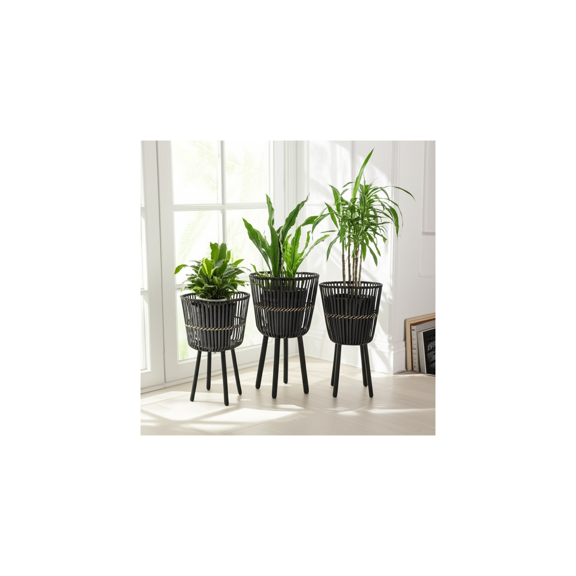 Wicker Modern Boho Bamboo Planter Set, Set of 3, Black, 26" H x 15" W x 15" D