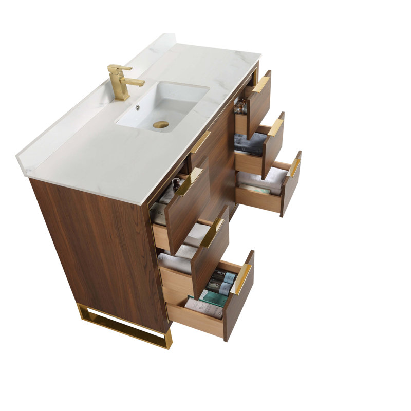 48" Single Bathroom Vanity Set, Satin Brass, Walnut