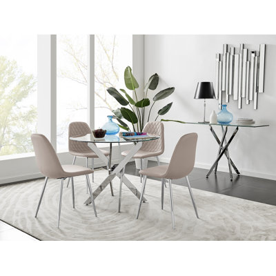 Tierra Sleek Metal and Glass Round Dining Table Set with 4 Faux Leather Upholstered Dining Chairs