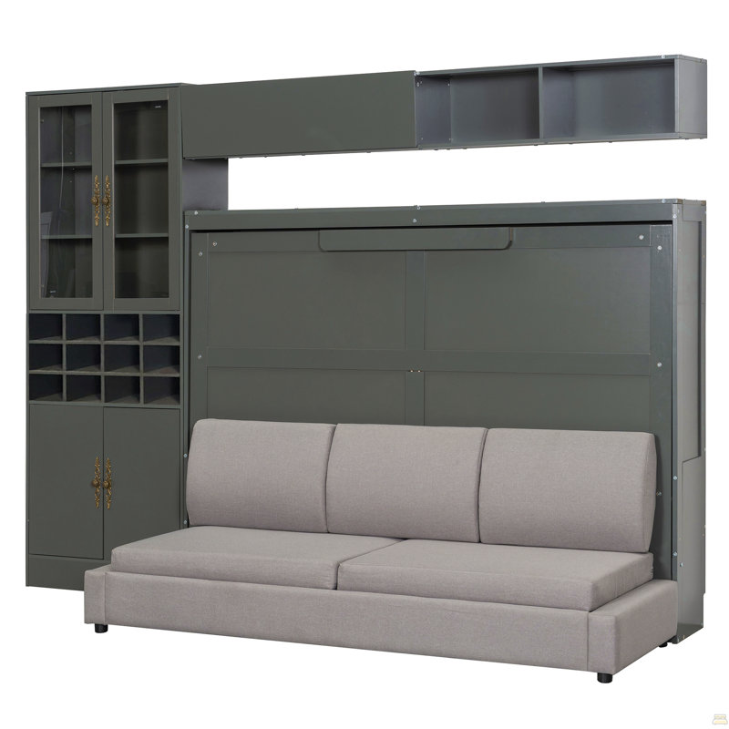 Full Size Murphy Bed Wall Bed with Sofa , Shelves USB & Light