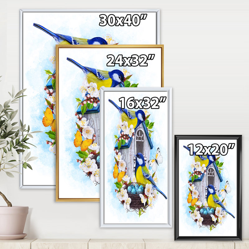 Deux mésanges assis près du nid avec œufs I - Impression sur toile, H 40 po x l 30 po x P 1 po, Toile encadrée d'or