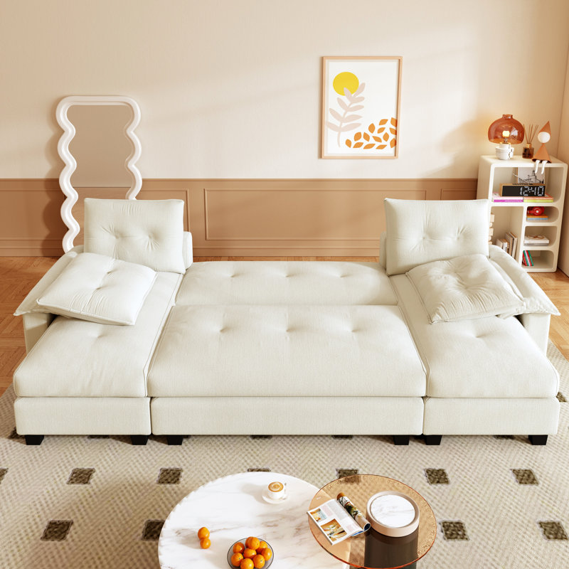 Canapé-lit en forme de U de 266 cm (104,7 po), 3 en 1, avec fonction gigogne, compartiment détachable, chargeur intégré, 4 oreillers, en chenille grise, pour appartement beige/blanc.