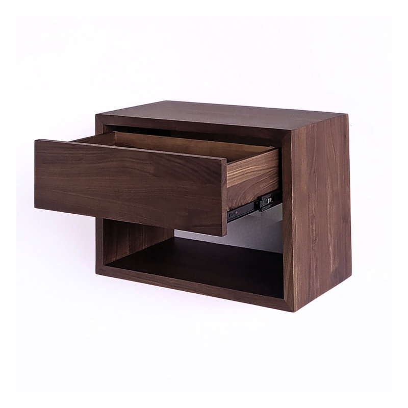 Large table de chevet flottante en noyer massif avec 1 tiroir - design scandinave minimaliste