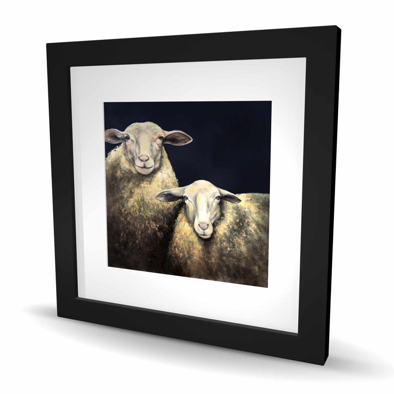 Deux moutons - fond bleu - reproduction encadrée turquoise
