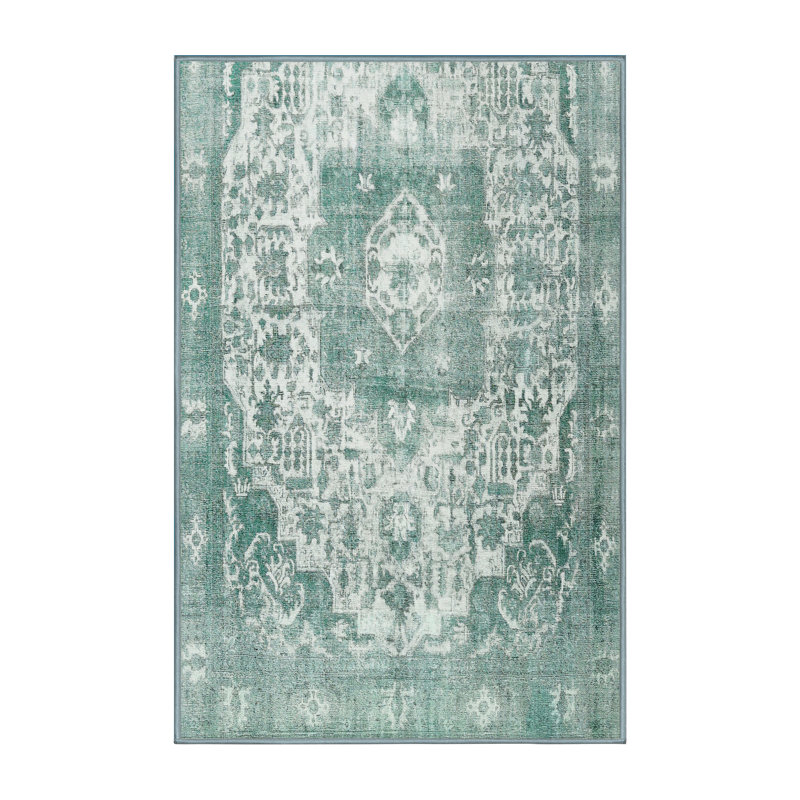 Oriental Green/Ivory Area Rug, Rectangle 5' x 7'