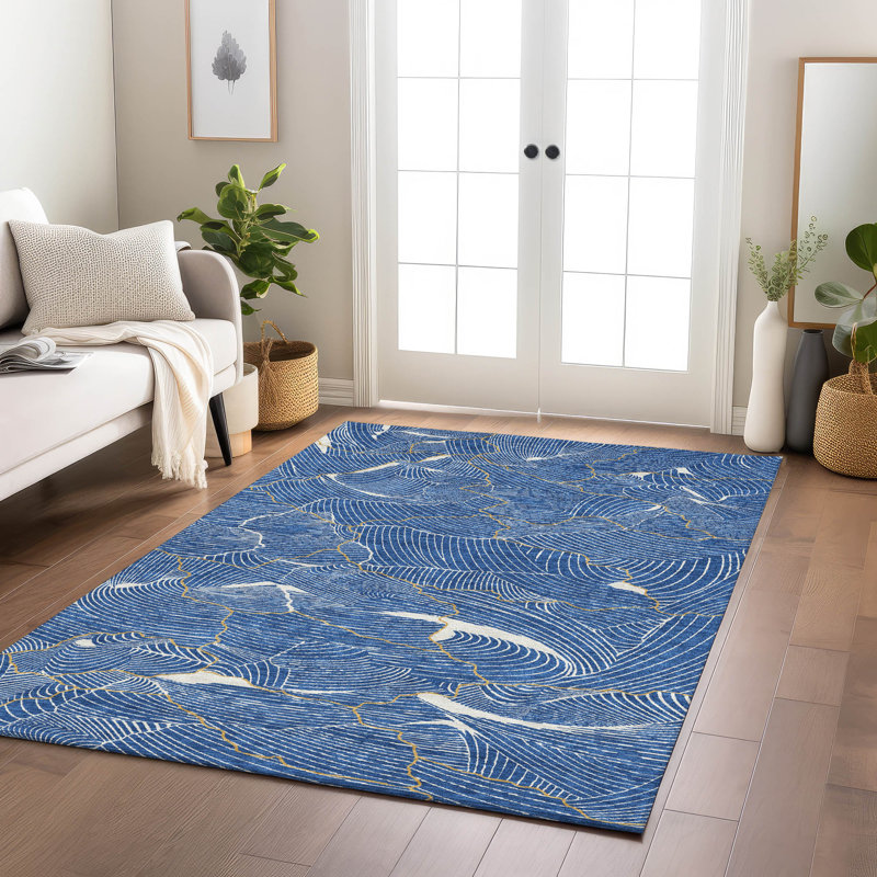 Blue Abstract Crackle Pattern Washable Synthetic Area Rug