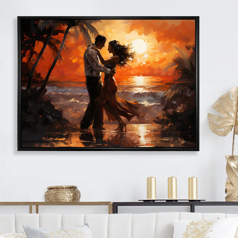 Danse salsa au coucher du soleil sur toile, Cadre flottant noir, L 32 po x H 16 po