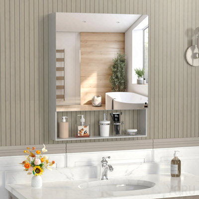 24'' X 30'' Medicine Cabinet With Mirror For Bathroom, Wall Mounted Bathroom Mirror With Storage, Adjustable Shelves, Aluminum Framework, Surface Mount Silver