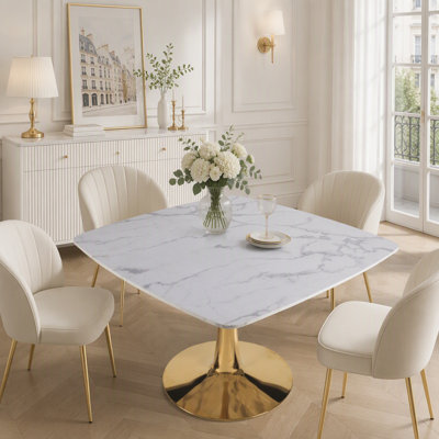 Table de salle à manger carrée tulipe aspect marbre blanc 107 cm (42,12 po), pour 2 à 3 personnes, table de bistrot compacte et moderne avec pied central en métal, plateau en MDF de couleur marbre blanc, idéale pour appartement, café, bureau et salon.