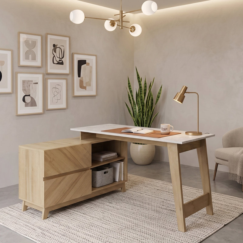 CARRARA L-Shaped Faux Marble Particle Board / Chipboard Credenza Desk, White/Natural