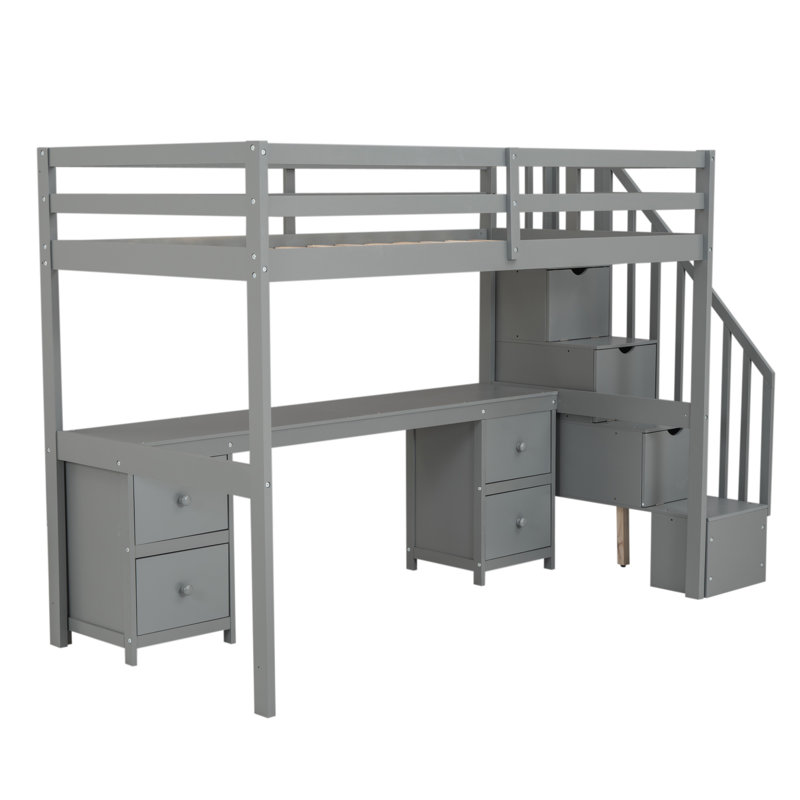 Structure de lit mezzanine simple avec bureau intégré et tiroirs de rangement doubles, Grey