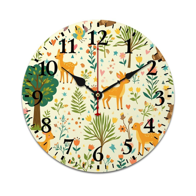 12×12 Inch whimsical forest Animals Pattern Round Wall Clock Decor, for Nursery Decor