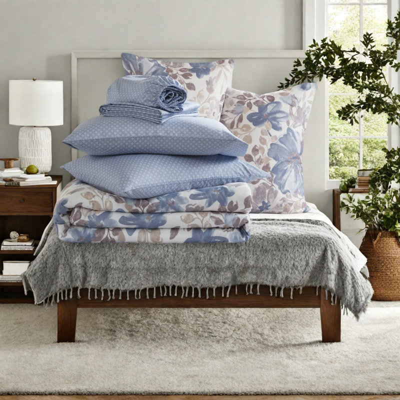 Ensembles de literie confortables et floraux, polyester, bleu aquarelle, lit simple décoratif