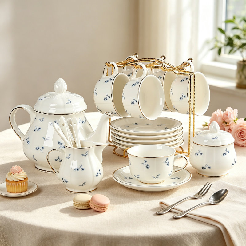Embossed Gold Rim Blue Flower Porcelain Tea Set for 6 | 23 Piece Full Tea Service with Teapot, Creamer, Sugar Bowl, Spoons & Metal Holder, Elegant Cup and Saucer Set