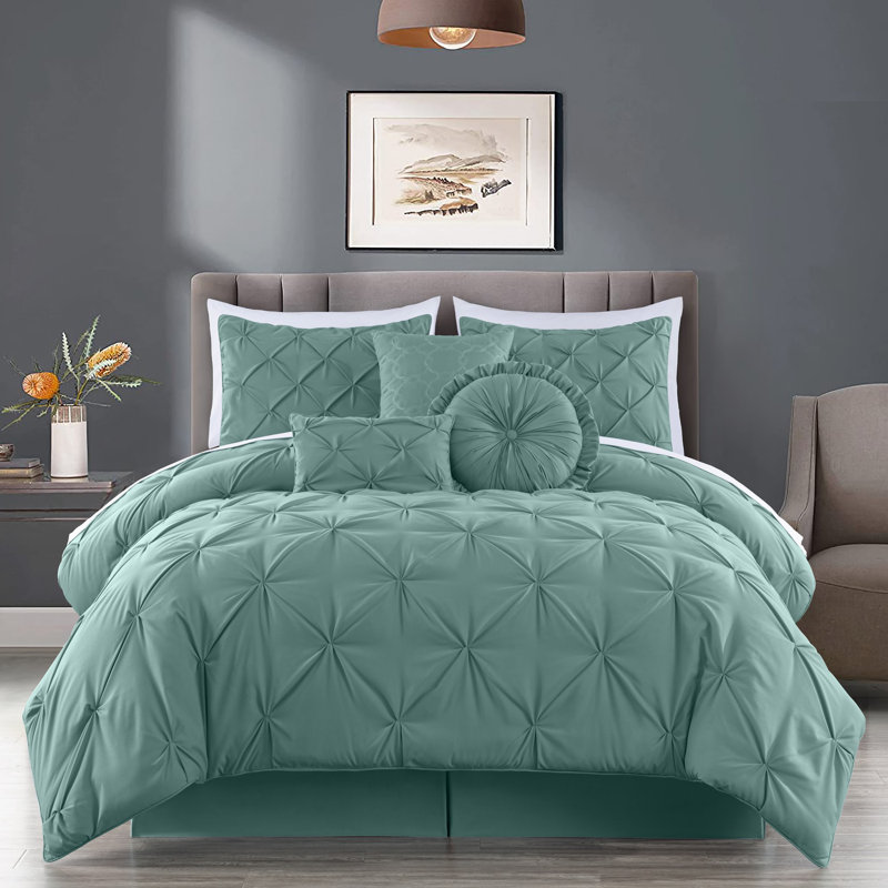 Ensemble d'édredon en microfibre 7 pièces Sydney Pintuck, Édredon de grande taille et 6 pièces supplément, Bleu spa