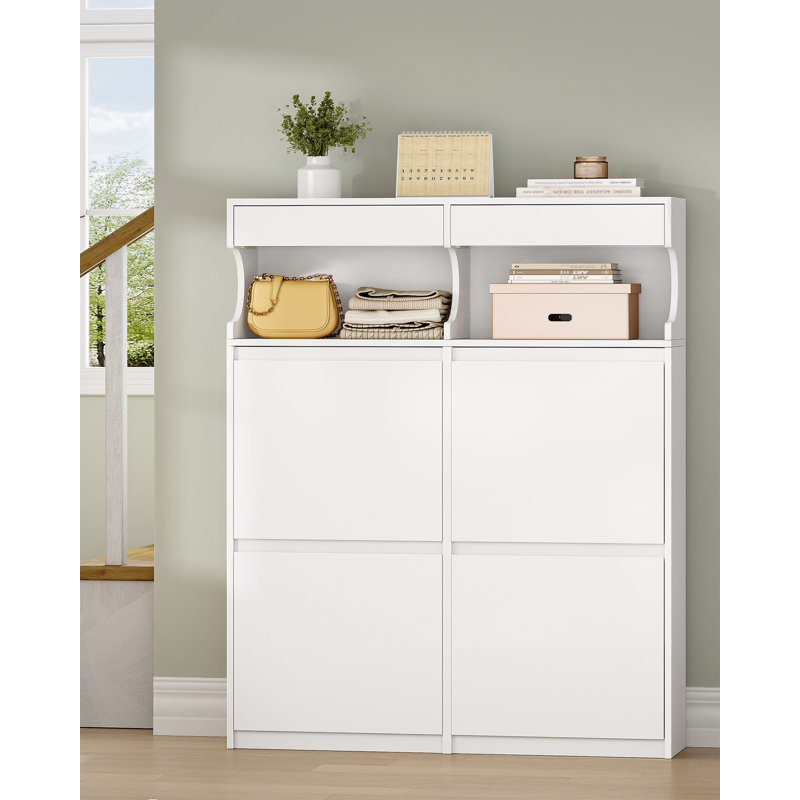 Shoe Cabinet with 2 Drawers, Pull Down Shoe Cupboard with Open Compartment, Shoes Rack Cabinet for 16-20 pairs of Shoe, Boots for Hallway, Living Room, White, 4 Flip Drawers (100Wcm) 