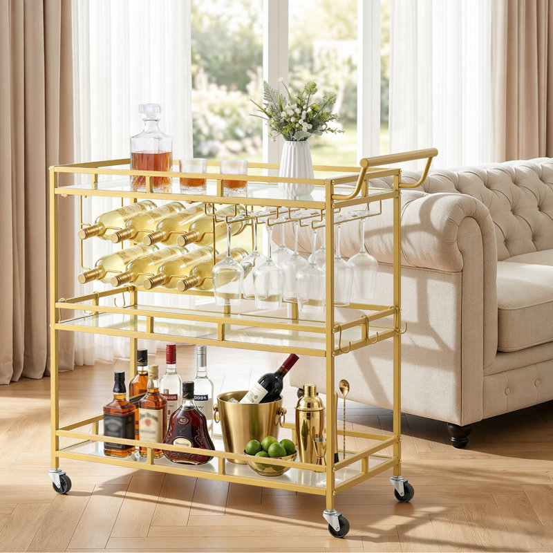 Bar Cart, 3 Tiers Home Kitchen Serving Carts, Modern Rolling Utility Station on Wheels, Drink Beverage Trolley with Tempered Glass Shelves, Wine Rack, Glass Holder, for Living Dining Room, Gold
