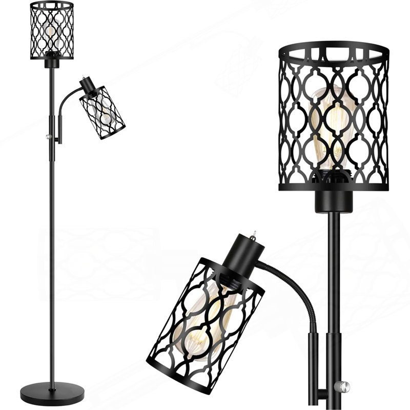 Farmhouse Floor Lamps For Living Room, Black Floor Lamp With Adjustable Reading Lamp, 2-Light Tall Standing Lamps With 2 Edison Bulbs, Industrial Floor Lamps For Bedroom, Office, 6W, Black