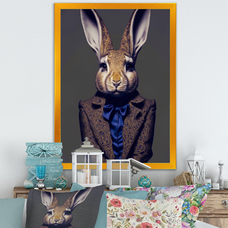 Fancy Rabbit In A Gray and Blue - Reproduction sur toile encadrée de lapin, Impression dorée sur toile encadrée