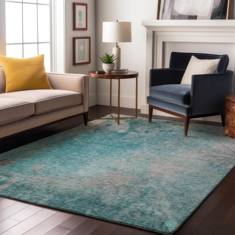 Premium Machine Washable Cerrito AMF562 Teal Rug, Rectangle 5' x 7'6"