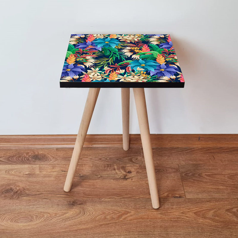 Bohemian Side Table with Beech Wood Legs, 13.8 x 16.5 x 13.8 inches | 100% MDF Construction, Thickness: 0.7 inches | Perfect for Flower-Themed Decor, Stylish & Functional Addition to Your Living Space