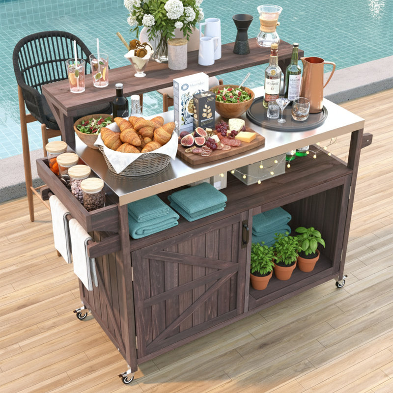 Îlot de cuisine extérieur de 53 po de largeur avec plateau en acier inoxydable et tablette surélevée brun, Brown