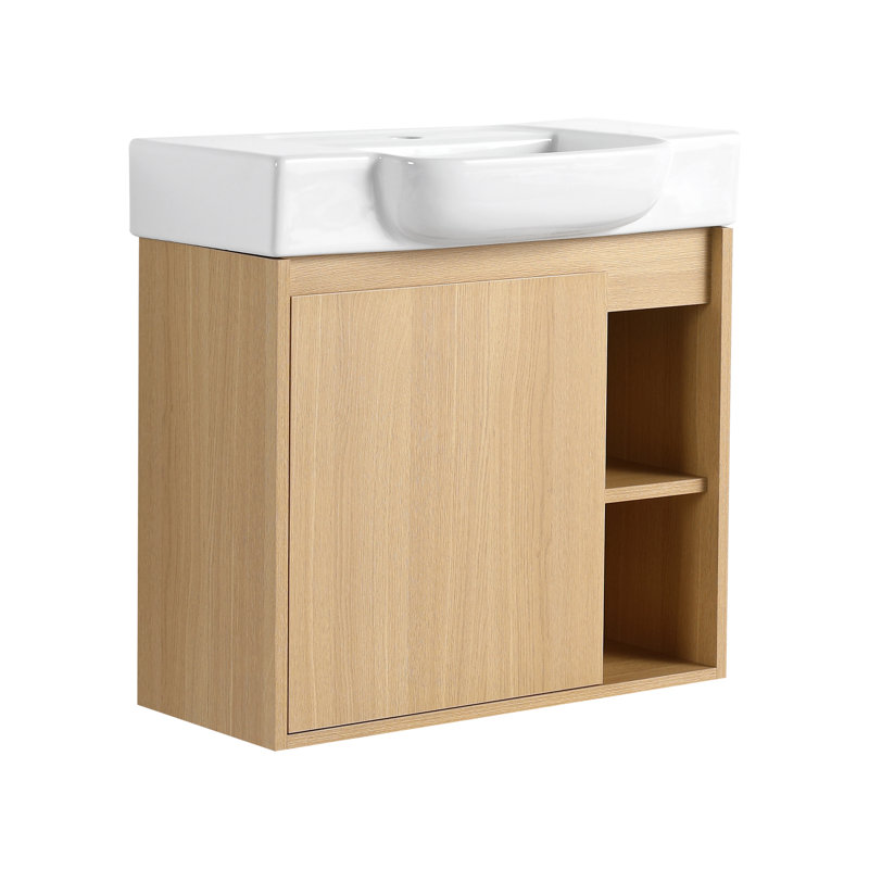 Meuble-lavabo mural 24 po avec lavabo en céramique blanche et porte à fermeture en douceur, emballage KD, chêne clair, 24"