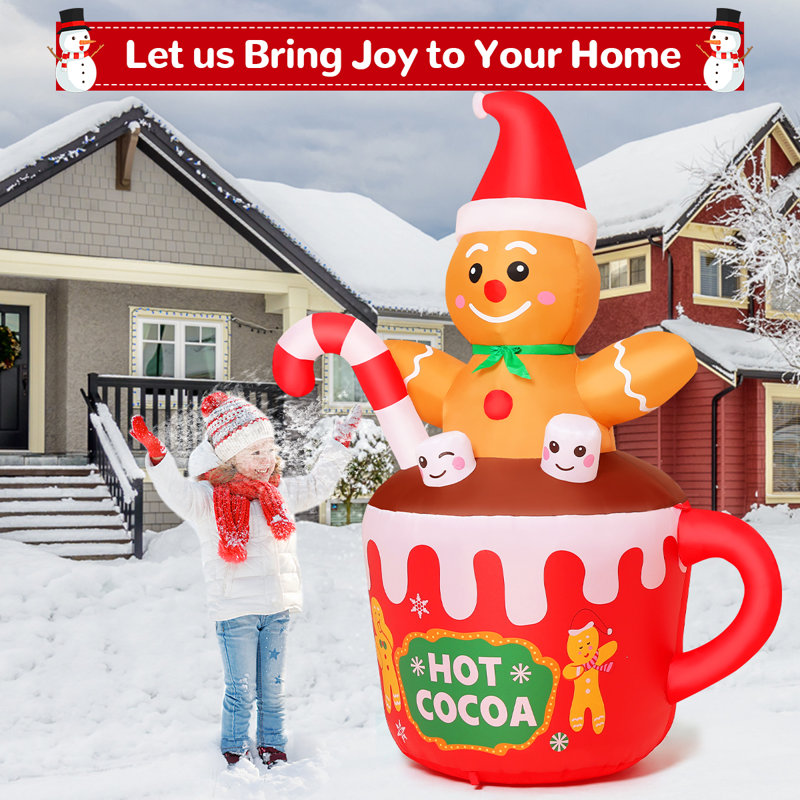 Christmas Inflatables 6 Ft Inflatable Gingerbread Man Sitting In Hot Cocoa Mug Scene With Built-in Leds