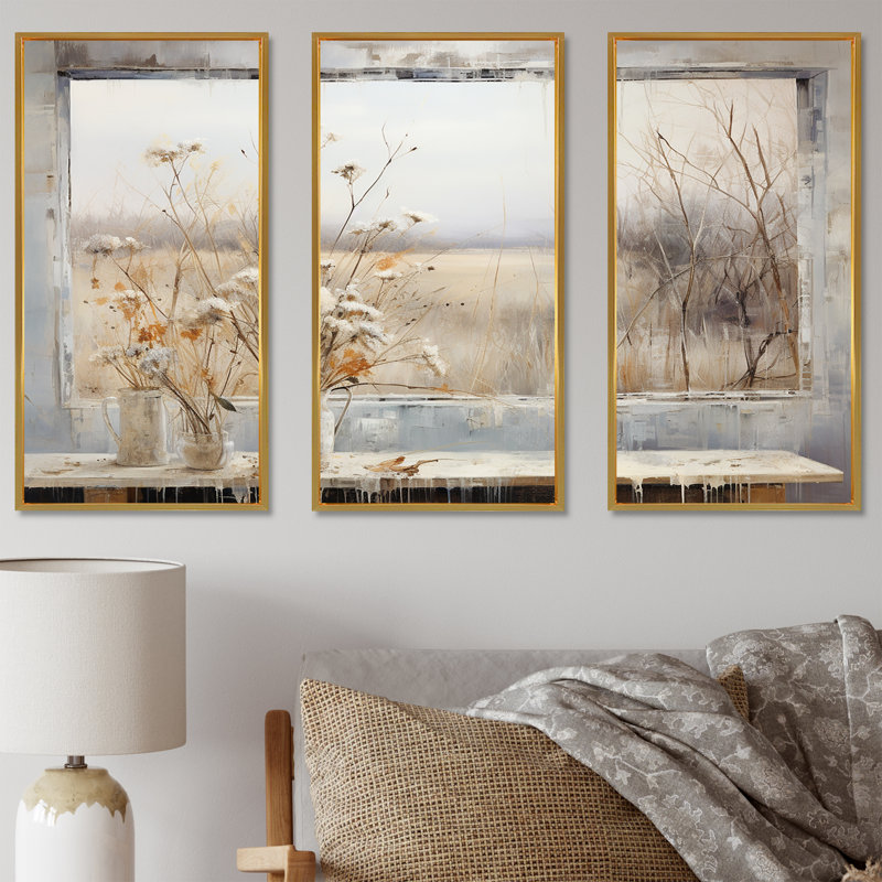 «Winter Meadow View Calmness III», art mural prairie, Cadre flottant doré, H 40 po x l 60 po x P 1 po