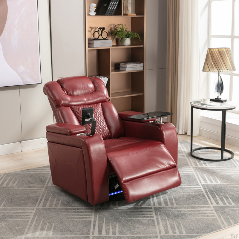 270 Degree Swivel PU Leather Power Recliner Individual Seat Home Theater Recliner With Tray Table,  Phone Holder, Cup Holder,  USB Port, Hidden Arm Storage For Living Room