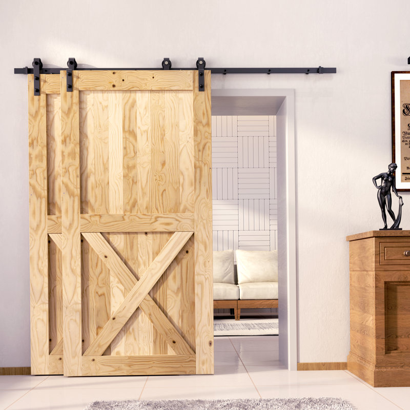 Deux portes de grange en bois de pin massif non fini / non assemblé avec quincaillerie de dérivation à rail simple noir