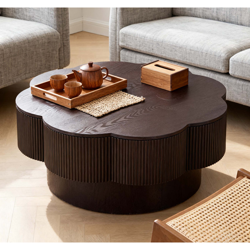 Table basse moderne en forme de fleur avec rangement, design Plum Blossom en placage de bois naturel pour le salon et le bureau, facile à assembler, brun foncé